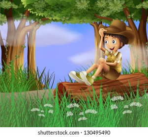 Illustration eines kleinen Jungen mit einem Hut, der am KofferKofferkoffer sitzt