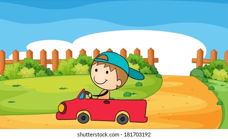 Illustration of a young boy in his car