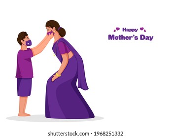 Illustration Of Young Boy And His Mother Wear Protective Mask To Protect From Covid-19 For Happy Mother's Day.