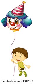 Illustration of a young boy holding a clown balloon on a white background