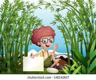 Illustration of a young boy holding an empty signboard in the bamboo rainforest