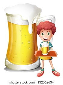 Illustration of a young boy holding a glass of beer beside a giant beer on a white background