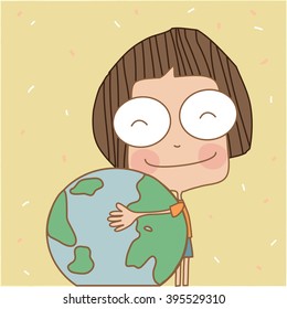 Illustration of young boy holding planet Earth.