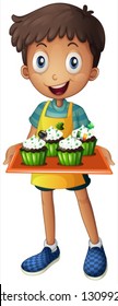 Illustration of a young boy holding a tray with cupcakes on a white background