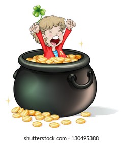 Illustration of a young boy inside a pot full of coins on a white background