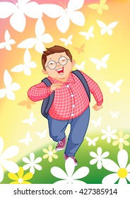 Illustration of a young boy jumping for joy outdoors

