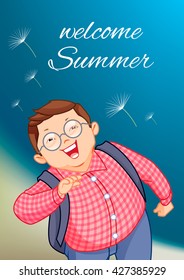 Illustration of a young boy jumping for joy outdoors