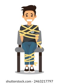 Illustration of a young boy kidnapped and tied up, sitting on a chair with ropes. This vector design captures the intense emotion and danger of a kidnapping scenario, featuring a cartoon-style charact