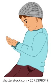 An illustration of a young boy in a knitted beanie and a light blue sweater. The boy is portrayed in a peaceful moment of prayer, with his hands raised in a dua (supplication) gesture