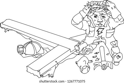 An illustration of a young boy lifting up the crown of thorns after breaking in pieces the head of Jesus Christ. Vector style