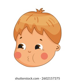 Illustration of a young boy with light brown hair and chubby cheeks, showing a cheeky expression. Vector on white background.
