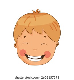 Illustration of a young boy with light brown hair and a big smile, laughing joyfully. Vector on white background.