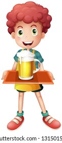 Illustration of a young boy with a mug full of cold beer on a white background