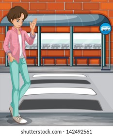 Illustration of a young boy near the bus stop