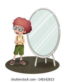 Illustration of a young boy near the mirror on a white background