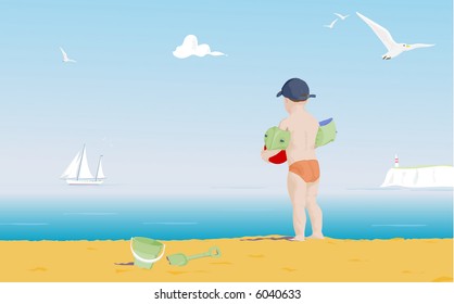 illustration of a young boy on a beach looking out to sea