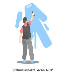 illustration of a young boy painting and mural the wall. paint roller and blue paint. suitable for decorating themes, art, hobbies, artists, activities etc. flat vector design