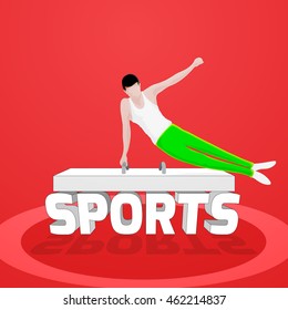 Illustration of a young boy performing Artistic Gymnastics and Stylish 3D Text Sports on shiny background, Can be used as Poster, Banner or Flyer design.
