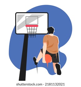 illustration of young boy playing basketball. jump pose. slam dunk. basketball hoop, goal. sports concept, basketball, athlete, hobby, etc. flat vector. back view