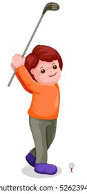 illustration of young boy playing golf on white background