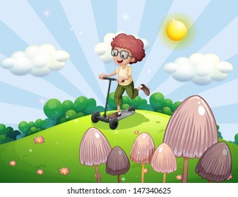 Illustration of a young boy playing with a scooter
