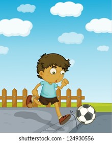 Illustration of a young boy playing soccer along the road