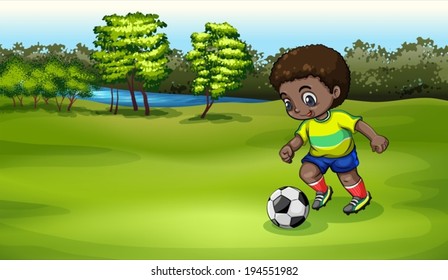 Illustration of a young boy playing soccer near the river