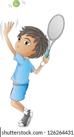 Illustration of a young boy playing tennis on a white background