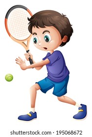 Illustration of a young boy playing tennis on a white background