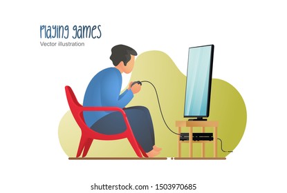 Illustration of young boy playing video games with controller. video console  playing, Flat design vector illustration can use for landing page template, background, web banners, poster, social media