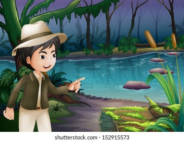 Illustration of a young boy pointing the log with algae