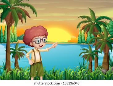 Illustration eines jungen Jungen, der auf die Bäume zeigt