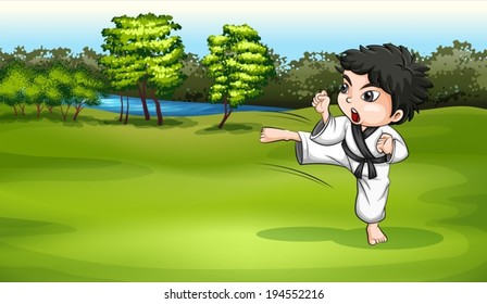 Illustration of a young boy practicing karate near the river