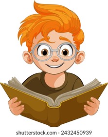 Illustration of a young boy reading a book intently