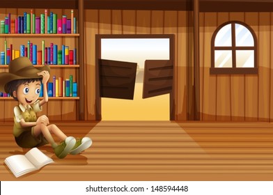 Illustration of a young boy reading inside the room with a swingdoor