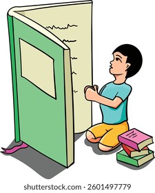 Illustration of a young boy reading a large green book, symbolizing the joy of learning and the magic of reading. The child sits on the floor, surrounded by colorful books, representing curiosity and 