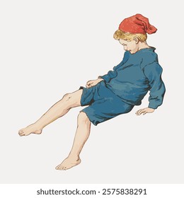 Illustration of a young boy in a red hat and blue outfit, sitting and looking down. The boy's red hat and blue outfit are prominent in the image. Vintage illustration isolated on white, vector.