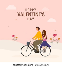 Illustration Of Young Boy Riding Bicycle With His Girlfriend, Flower Plants On White And Pink Background For Happy Valentine's Day Concept.