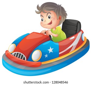 Illustration of a young boy riding a bumper car on a white background