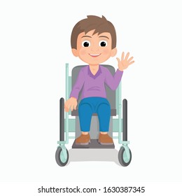 Illustration of a young boy riding on a wheelchair on a white background