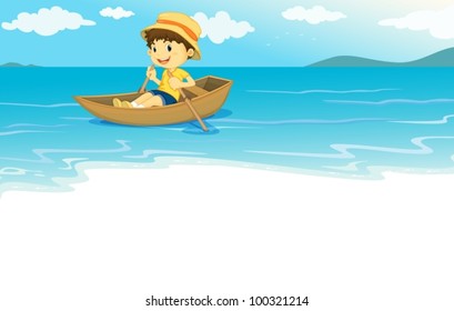 Illustration of a young boy  rowing on the water