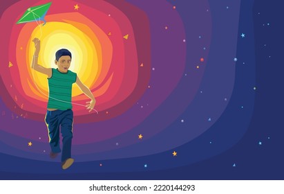 Illustration of a young boy running with Kite in front of galaxy