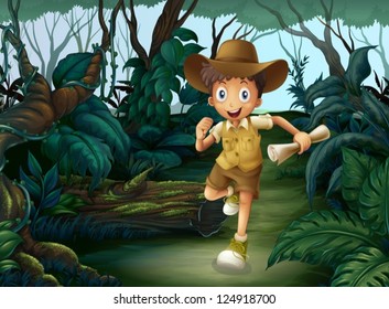 Illustration of a young boy running in the middle of the woods