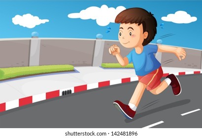 Illustration of a young boy running at the street