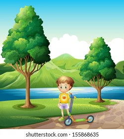 Illustration of a young boy with a scooter standing near the river