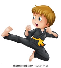 Ilustración de un niño que muestra sus movimientos de karate en un fondo blanco