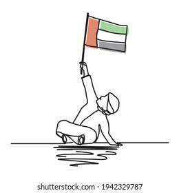 Illustration of a young boy sitting and holding UAE emirates flag line art