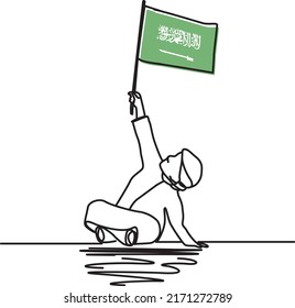 Illustration of a young boy sitting and holding Saudi flag line art