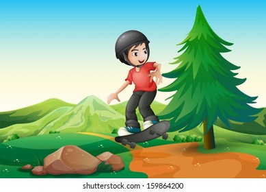 Illustration of a young boy skateboarding at the hilltop