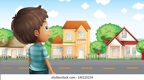 Illustration of a young boy standing across the village